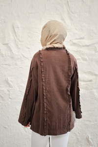 Büzgü Detay Önden Bağlamalı Detaylı Kimono Kahverengi