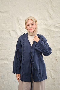 Büzgü Detay Önden Bağlamalı Detaylı Kimono Lacivert