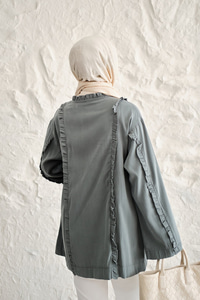 Büzgü Detay Önden Bağlamalı Detaylı Kimono Petrol Yeşil