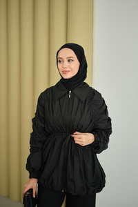 Büzgü Detay Paraşüt Ceket Siyah