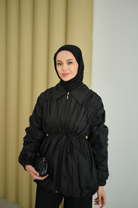 Büzgü Detay Paraşüt Ceket Siyah