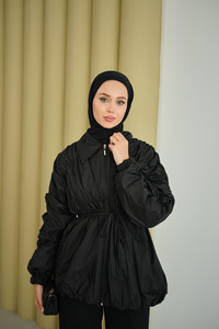 Büzgü Detay Paraşüt Ceket Siyah