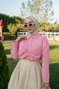 Büzgü Detay Poplin Gömlek Pembe