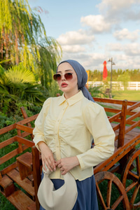 Büzgü Detay Poplin Gömlek Sarı