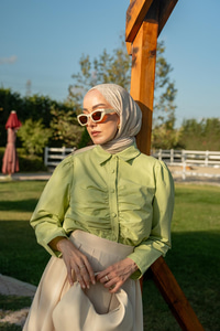 Büzgü Detay Poplin Gömlek Yeşil