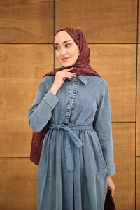 Büzgü Detay Yarım Düğmeli Bel Bağlamalı Kot Elbise Buz Mavi