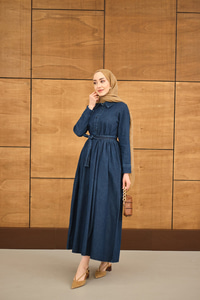 Büzgü Detay Yarım Düğmeli Bel Bağlamalı Kot Elbise Lacivert