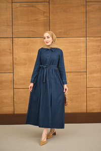 Büzgü Detay Yarım Düğmeli Bel Bağlamalı Kot Elbise Lacivert