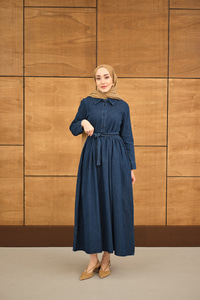 Büzgü Detay Yarım Düğmeli Bel Bağlamalı Kot Elbise Lacivert