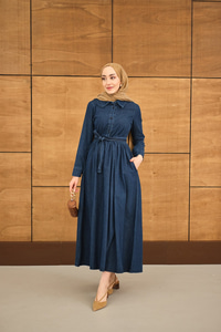 Büzgü Detay Yarım Düğmeli Bel Bağlamalı Kot Elbise Lacivert