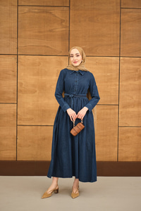 Büzgü Detay Yarım Düğmeli Bel Bağlamalı Kot Elbise Lacivert