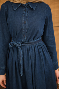 Büzgü Detay Yarım Düğmeli Bel Bağlamalı Kot Elbise Lacivert