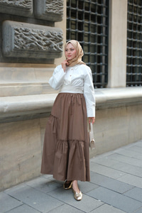 Büzgü Detaylı Etek Kahverengi