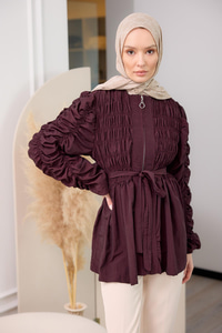 Büzgü Detaylı Fermuarlı Ceket  Bordo