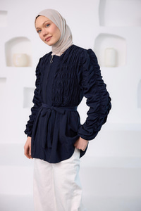 Büzgü Detaylı Fermuarlı Ceket  Lacivert