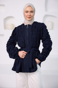 Büzgü Detaylı Fermuarlı Ceket  Lacivert