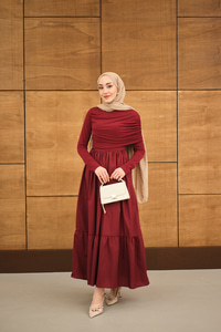 Büzgü Detaylı Sandy Poplin Elbise Bordo