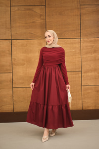 Büzgü Detaylı Sandy Poplin Elbise Bordo