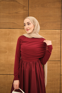 Büzgü Detaylı Sandy Poplin Elbise Bordo