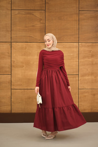 Büzgü Detaylı Sandy Poplin Elbise Bordo