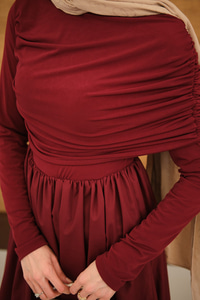 Büzgü Detaylı Sandy Poplin Elbise Bordo