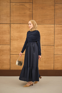 Büzgü Detaylı Sandy Poplin Elbise Lacivert