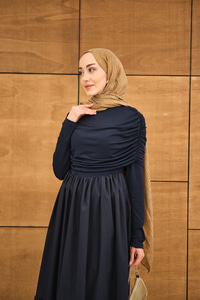 Büzgü Detaylı Sandy Poplin Elbise Lacivert