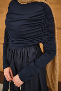 Büzgü Detaylı Sandy Poplin Elbise Lacivert