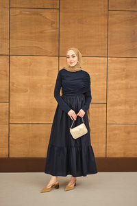 Büzgü Detaylı Sandy Poplin Elbise Lacivert