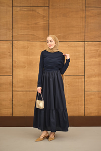 Büzgü Detaylı Sandy Poplin Elbise Lacivert