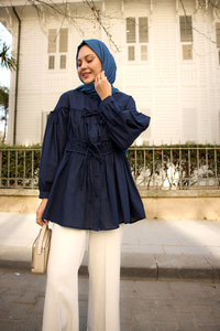 Büzgü Detaylı Vual Gömlek Lacivert