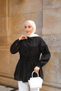 Büzgü Detaylı Vual Gömlek Siyah