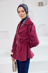 Büzgü Kemer Detaylı Jean Ceket Bordo