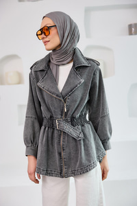 Büzgü Kemer Detaylı Jean Ceket Füme