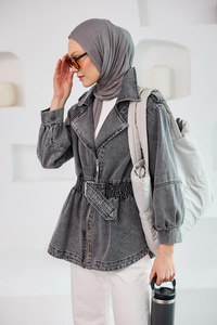 Büzgü Kemer Detaylı Jean Ceket Füme