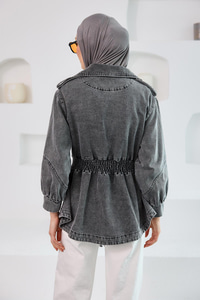 Büzgü Kemer Detaylı Jean Ceket Füme