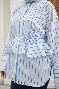 Büzgülü Bel Bağlamalı Çizgili Gömlek Bebe Mavi