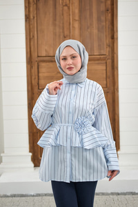 Büzgülü Bel Bağlamalı Çizgili Gömlek Bebe Mavi