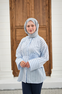 Büzgülü Bel Bağlamalı Çizgili Gömlek Bebe Mavi