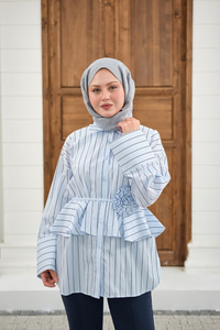 Büzgülü Bel Bağlamalı Çizgili Gömlek Bebe Mavi