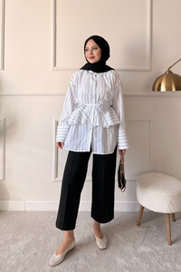 Büzgülü Bel Bağlamalı Çizgili Gömlek Beyaz