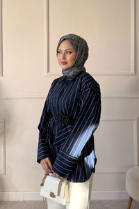 Büzgülü Bel Bağlamalı Çizgili Gömlek Lacivert