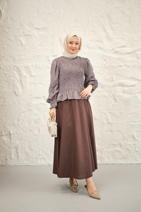 Büzgülü Ekose Etekli Takım Kahverengi