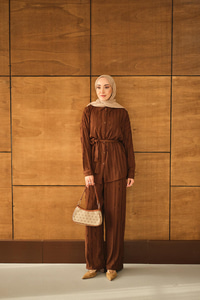 Büzgülü İkili Takım Kahverengi