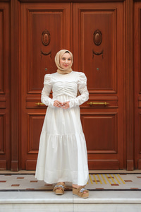 Büzgülü Poplin Elbise Beyaz