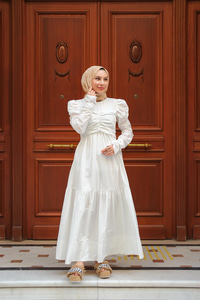 Büzgülü Poplin Elbise Beyaz