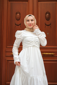 Büzgülü Poplin Elbise Beyaz