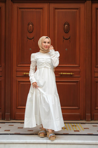 Büzgülü Poplin Elbise Beyaz