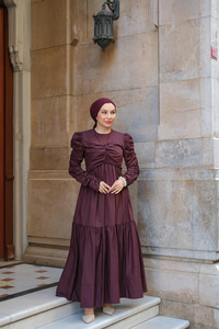 Büzgülü Poplin Elbise Bordo