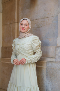 Büzgülü Poplin Elbise Fıstık Yeşil